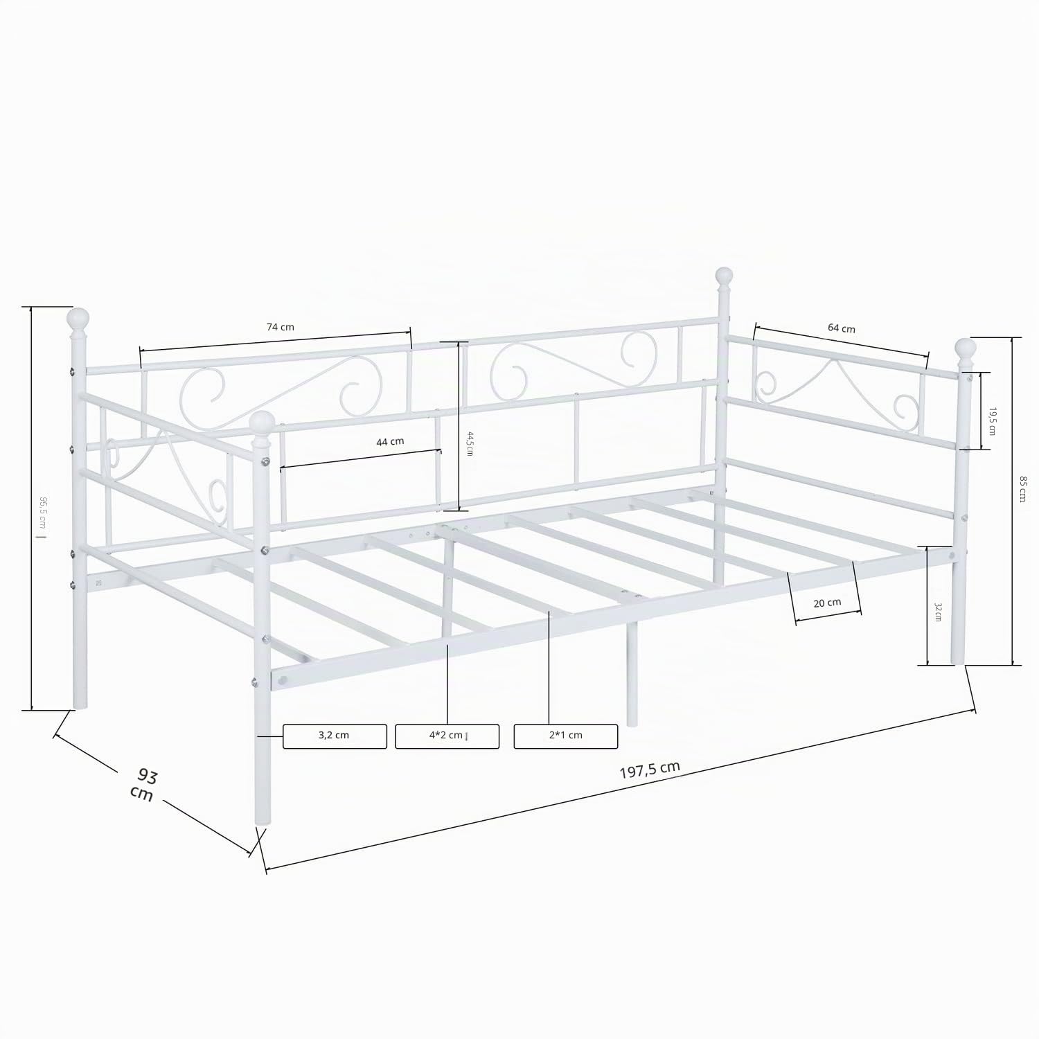 Sofá Cama Metálica Diván Camas Individual Esctructura Marco de Cama Hierro Forjado para Adultos, para Colchón de 90 * 190 cm, Blanco
