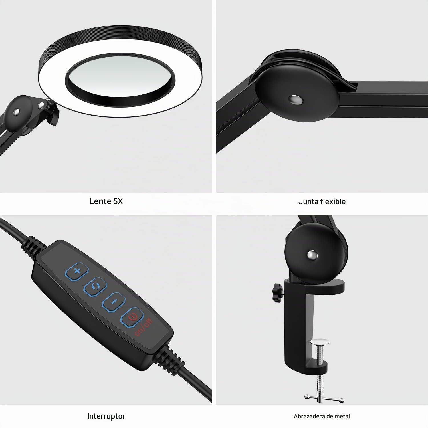 Lámpara de Aumento LED, lámpara de Escritorio para Trabajo Pesado, Lente de Vidrio de 5 dioptrías de 125 mm con Luces Regulables en Modo de 3 Colores