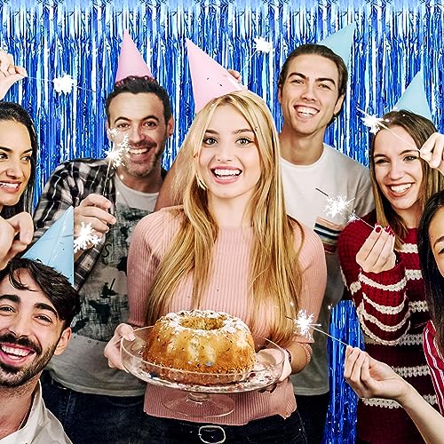 Image of 6 Pack Blue Foil Fringe Curtain Backdrop, 3.28Ft x 8.2Ft Metallic Tinsel Foil Fringe Streamer Curtains for Photo Booth, Christmas Day, Thanksgiving, Wedding, New Year Party Decorations