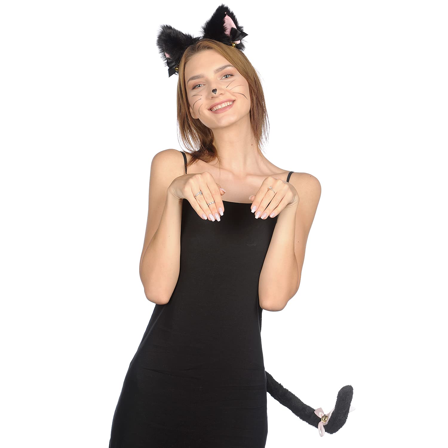 Funcredible Cat Ears and Tail Set | Furry Cat Ears Headband with Tail | Kitten Anime Neko Ears | Halloween Cosplay Party Cat Costume Accessories for Women Girls Adult Kids (Black)