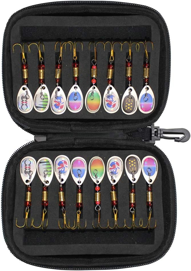 VOANZO 16pcs Fishing Lures for Bass Spinner Lures with Portable Carry Bag,Bass Lures Trout Lures Hard Metal Spinner Baits Kit