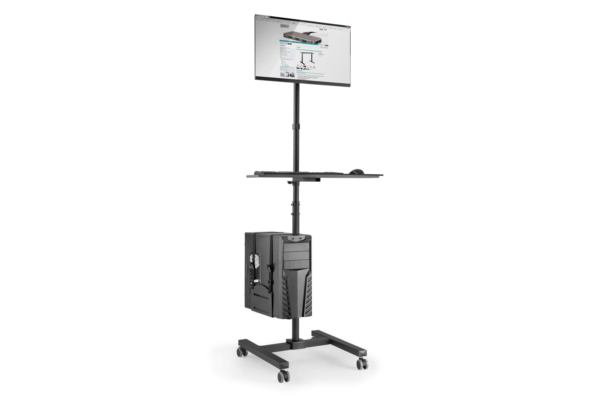 DIGITUS Estación de trabajo móvil con ajuste individual de altura - para monitores de 17" a 32" - gestión de cables integrada - con soporte para PC - negro