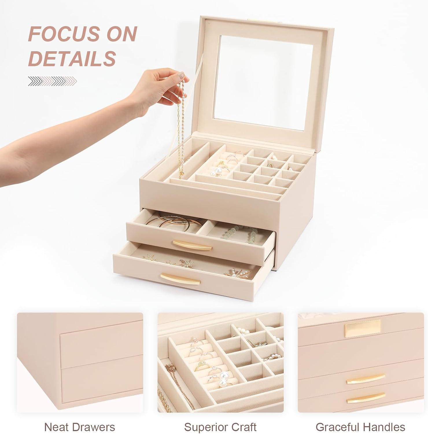 Jewelry Organizer Box, Jewelry Holder Organizer 3 Layers with 2 Drawers, Jewelry Boxes Display Earring Necklace Watch Bracelet and Rings - Glass Lid Apricot