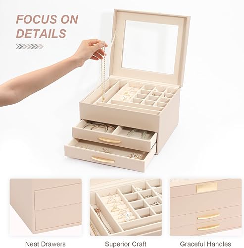 Miniatura 3 de Caja organizadora de joyas, organizador de joyas de 3 capas con 2 cajones, cajas de joyería para exhibir aretes, collar, reloj, pulsera y anillos,