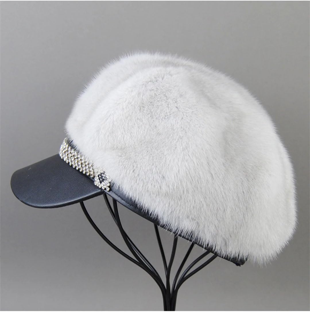 Gorros de invierno de piel de visón real de piel de visón para mujer, cálidos y naturales, viseras de piel de visón, gris (Gray9 2), Talla única