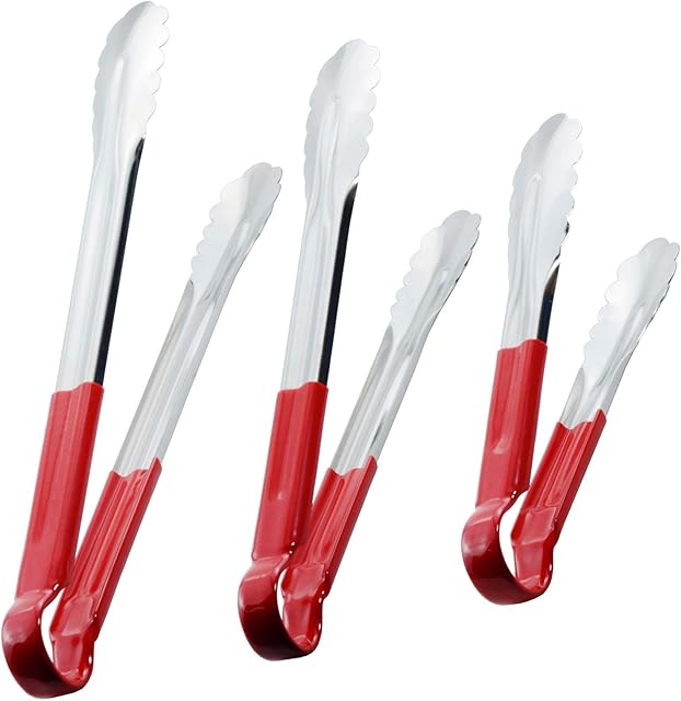 HINMAY Stainless Steel Cooking Tongs Heavy Duty Kitchen Food Tongs, Set of 3 (9 12 14 Inch, Red)