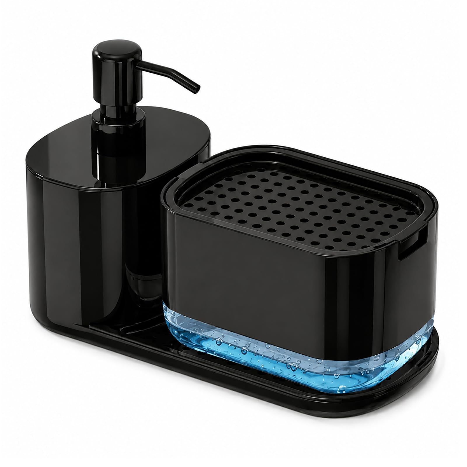Soap Dispenser Kitchen Set, 2-In-1 Dish Soap Pump Dispenser and Sponge Holder Black Refillable Washing Up Liquid Dispensers, Press Type Soaps Holder for Home Kitchen Hotel Bathroom