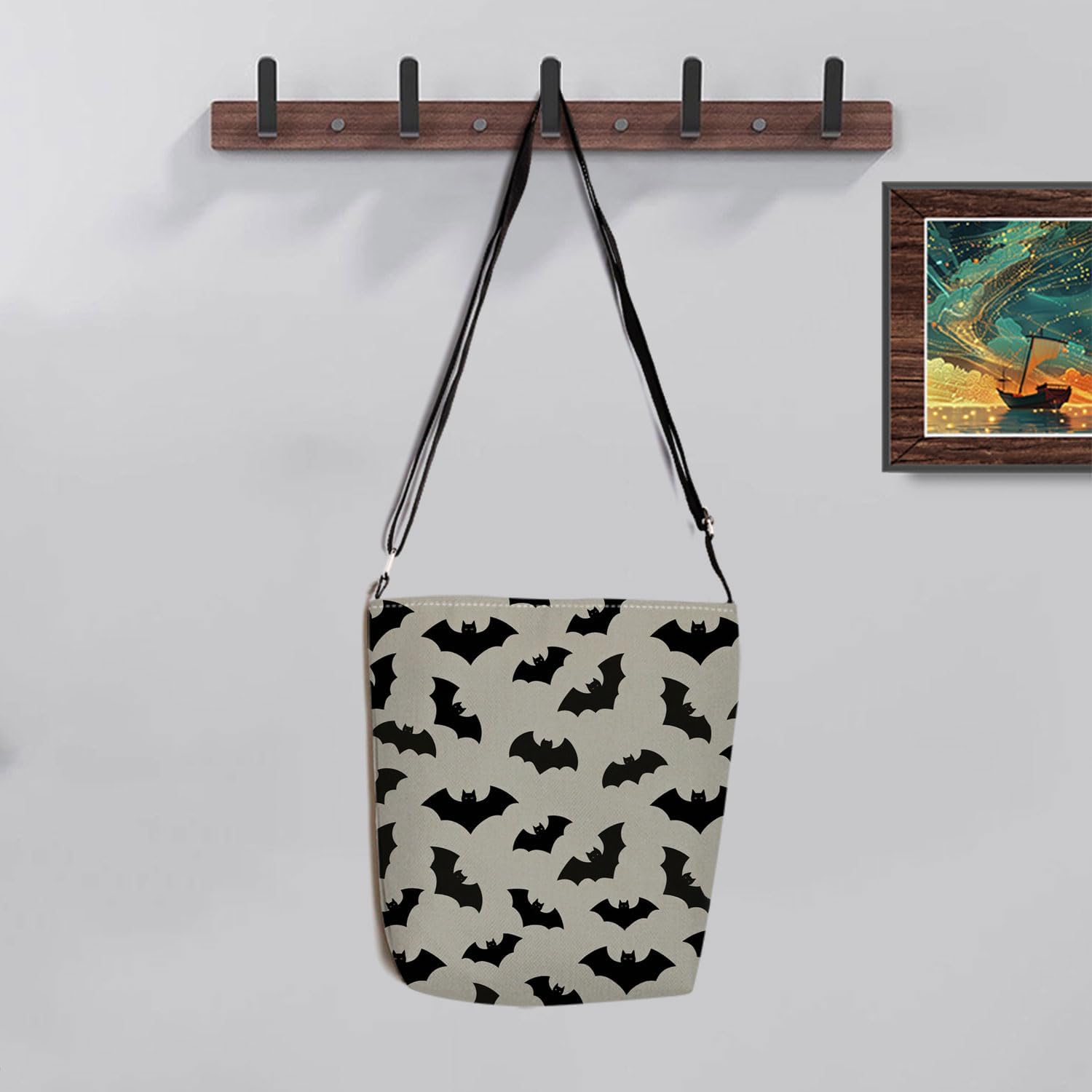 Bat Print Canvas Crossbody Bag, Adjustable Strap Lightweight Purse with Top Zipper & Inner Pocket, Daily Shoulder Bag Halloween Present for Women - Image 3