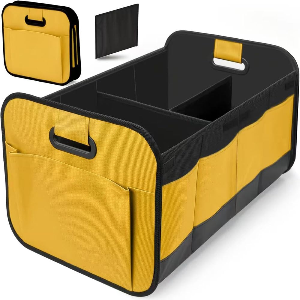 bairuibin Car Boot Organiser for Citroën C4 (B5 B7 C41 2004-2025 2026), Foldable Heavy Duty Boot Storage Box, Multi-Compartment Car Tidy Bag with Side Pockets,Yellow