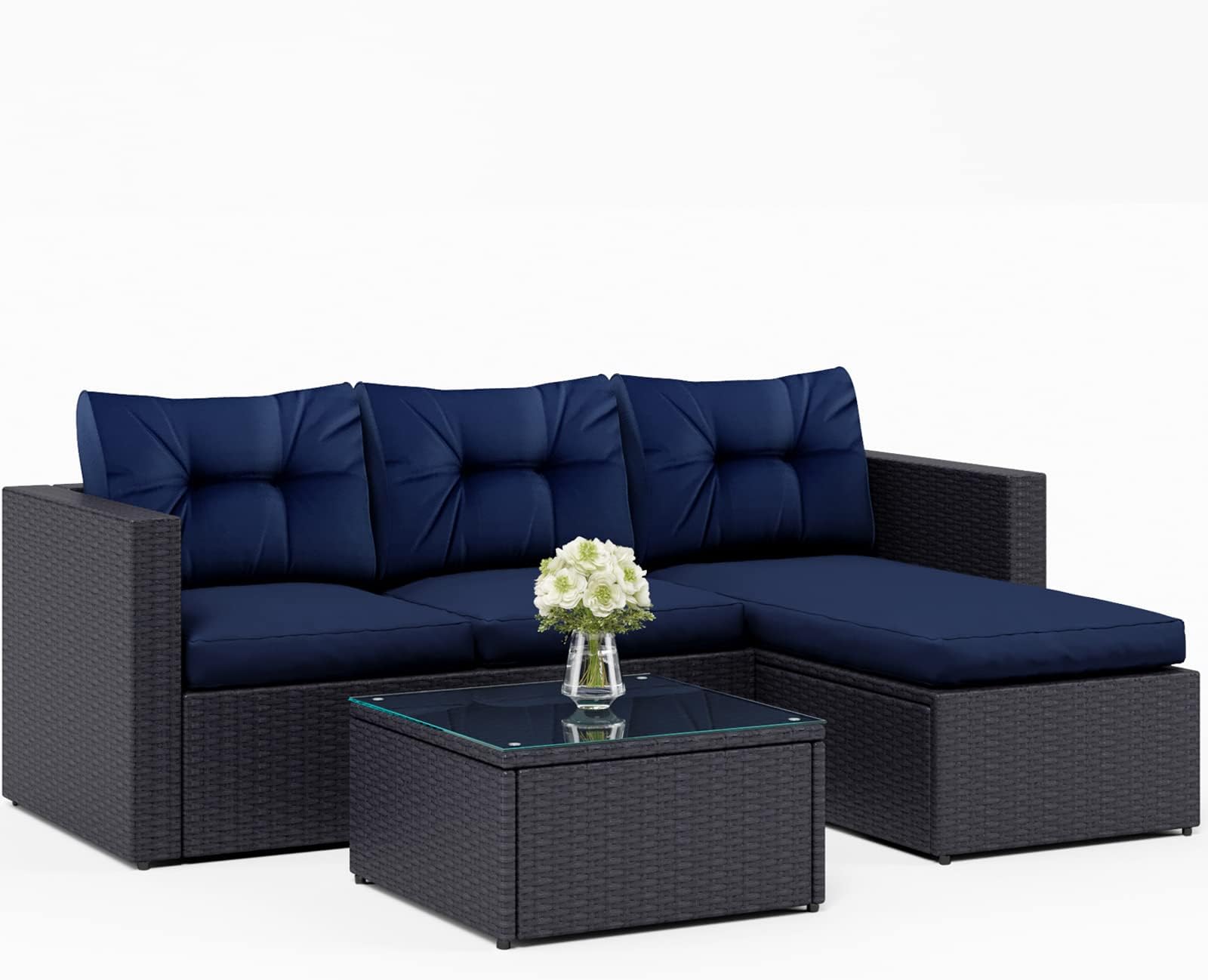 GREEN PARTY Outdoor Patio Furniture Sets Rattan Sectional Patio Sofa Wicker Patio Conversation Set Outdoor Couch Outdoor Sofa for Garden Backyard Lawn with Glass Table (Navy Blue)