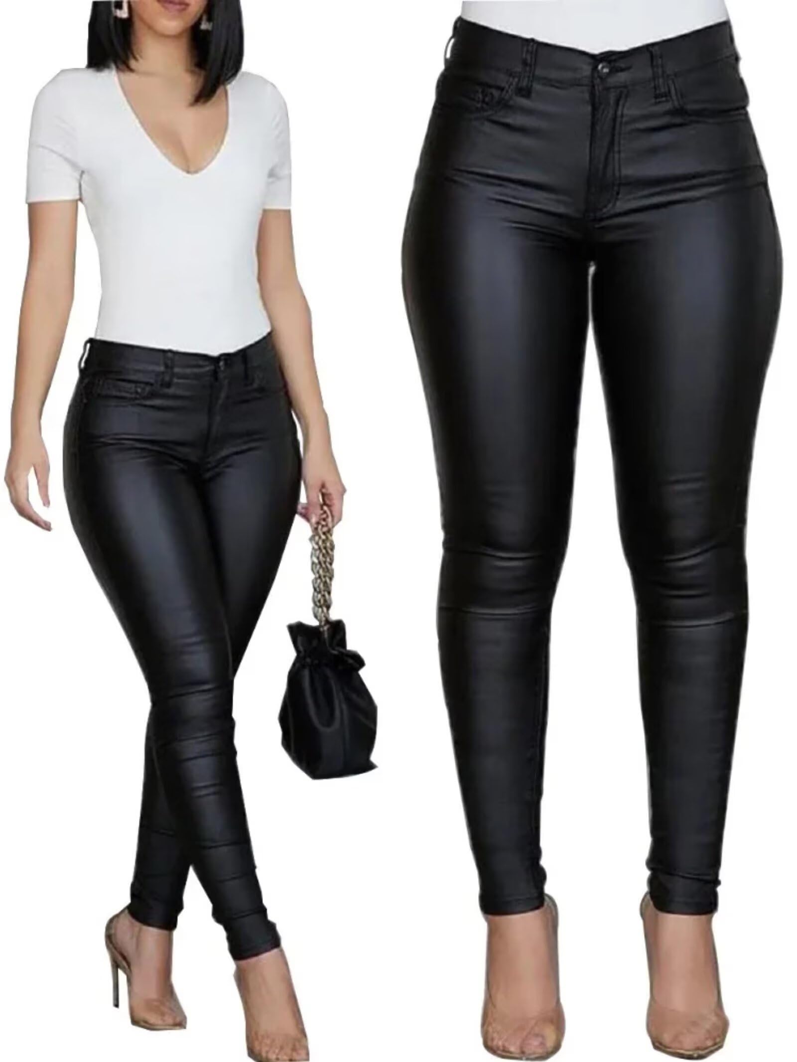 Damen-Leggings aus Kunstleder, hohe Taille, Skinny-Hose, Jeggings, schwarze Hose, sexy, figurbetonte Hose