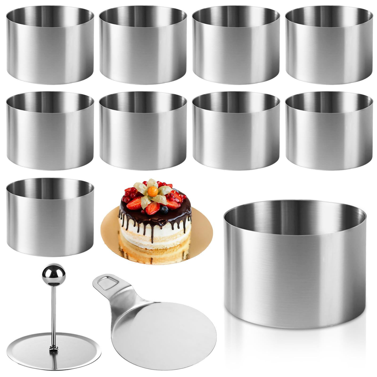Photo 1 of LDHHYH 10 Pack 3 Inch Seamless Cake Ring Molds, Stainless Steel Cake Cutter with Pusher & Lifter, Dessert Mousse Molds Baking Tools for Baking (Includes 10 Rings 1 Pusher and 1 Lifter)