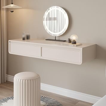 White Wooden Floating Vanity Dressing Table with Drawers, Modern Wall Mounted Makeup Table Rounded Corners, Floating Shelf Desk for Bedroom, Nightstand Bedside70cm/27.6in