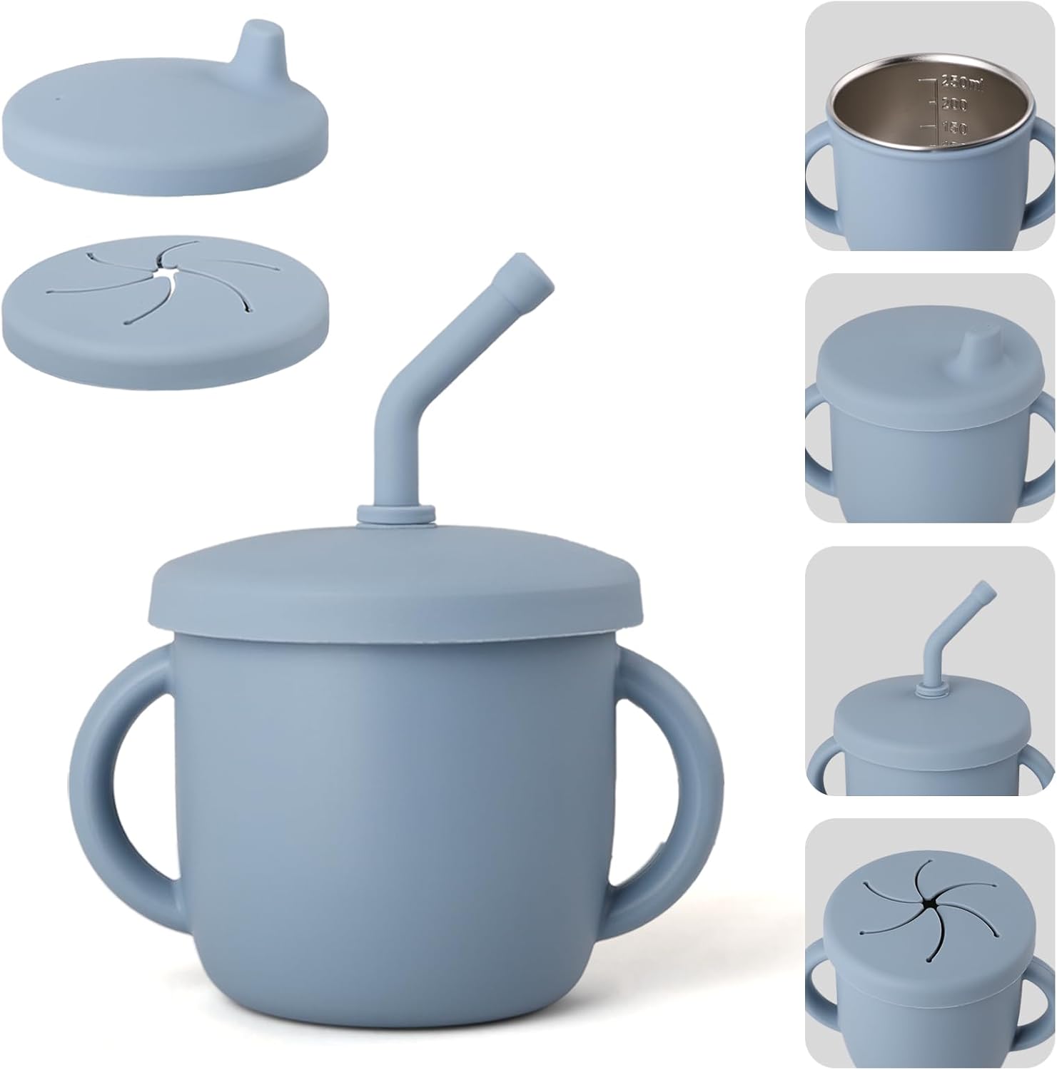 4-in-1 Stainless Steel Silicone Sippy Cup, 8.5oz Toddler Open Cup with Straw, Sippy & Snack Lids, For Baby Led Weaning, Toddlers 1-3 Years Trainning Kids Drinking, Dishwasher Safe,Cloudy Blue