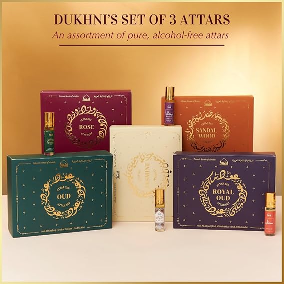 Dukhni Oud Attar Oil Set Arab perfume oils for men and women | 3 assorted roll on perfume scents x 6ml | Arabic oudh oil fragrances | Eid, Ramadan Gift Set, Halal & Vegan Islamic Fragrance