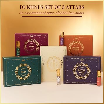 Dukhni Oud Attar Oil Set Arab perfume oils for men and women | 3 assorted roll on perfume scents x 6ml | Arabic oudh oil fragrances | Eid, Ramadan Gift Set, Halal & Vegan Islamic Fragrance
