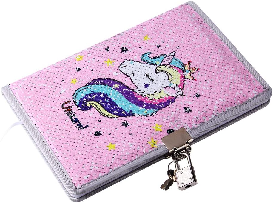 PojoTech Unicorn Notebook Sequin Secret Diary with Lock, Reversible Mermaid Sequin Notebook Private Journal Magic Travel Journal Unicorn Notebook Gift for Adults and Kids (Pink)