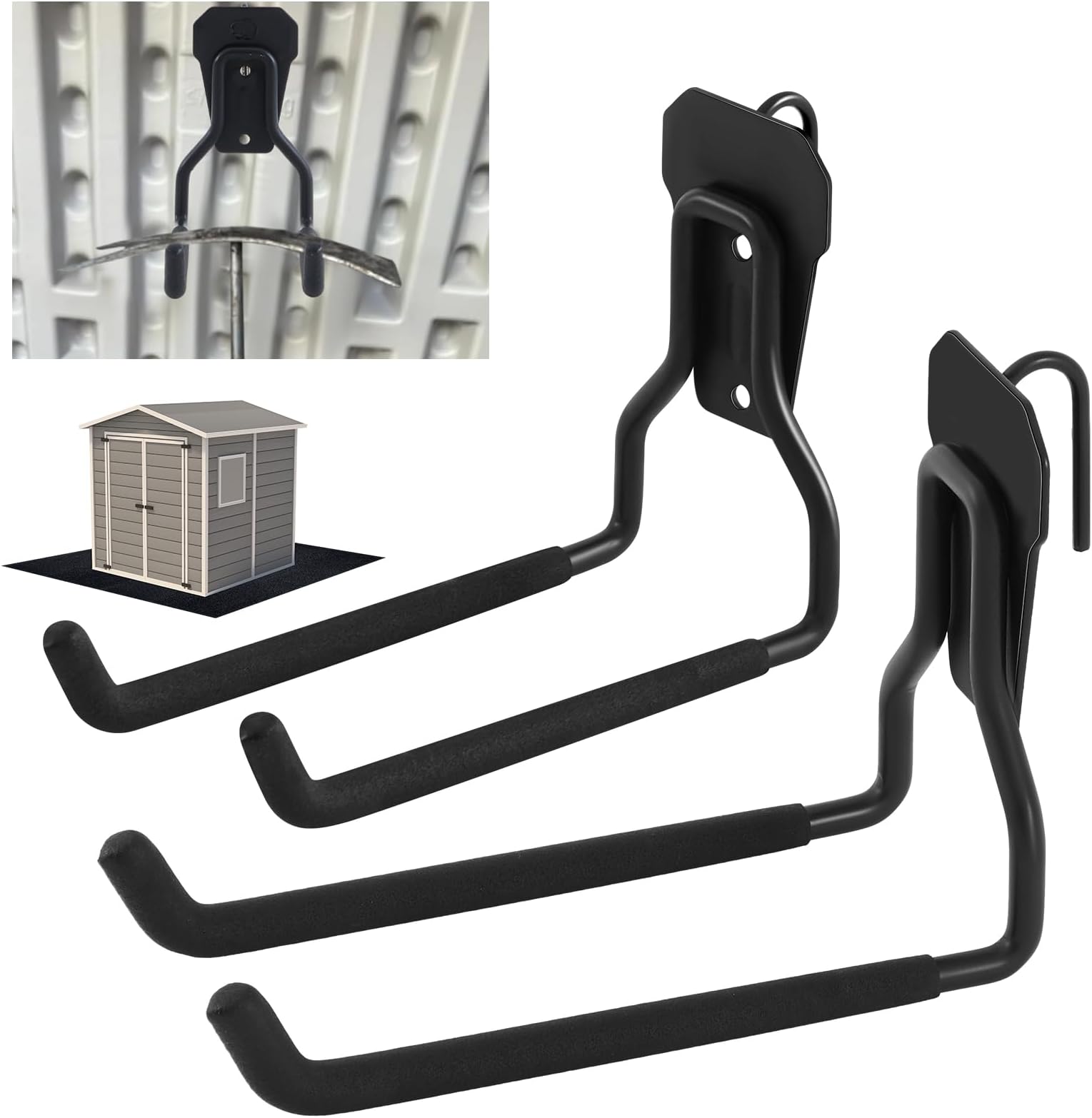 2 Pack Shed Accessories Multi Purpose Shed Hooks Metal Power Tool Holder for Large or Small Tools or Shovels, Black (Straight)