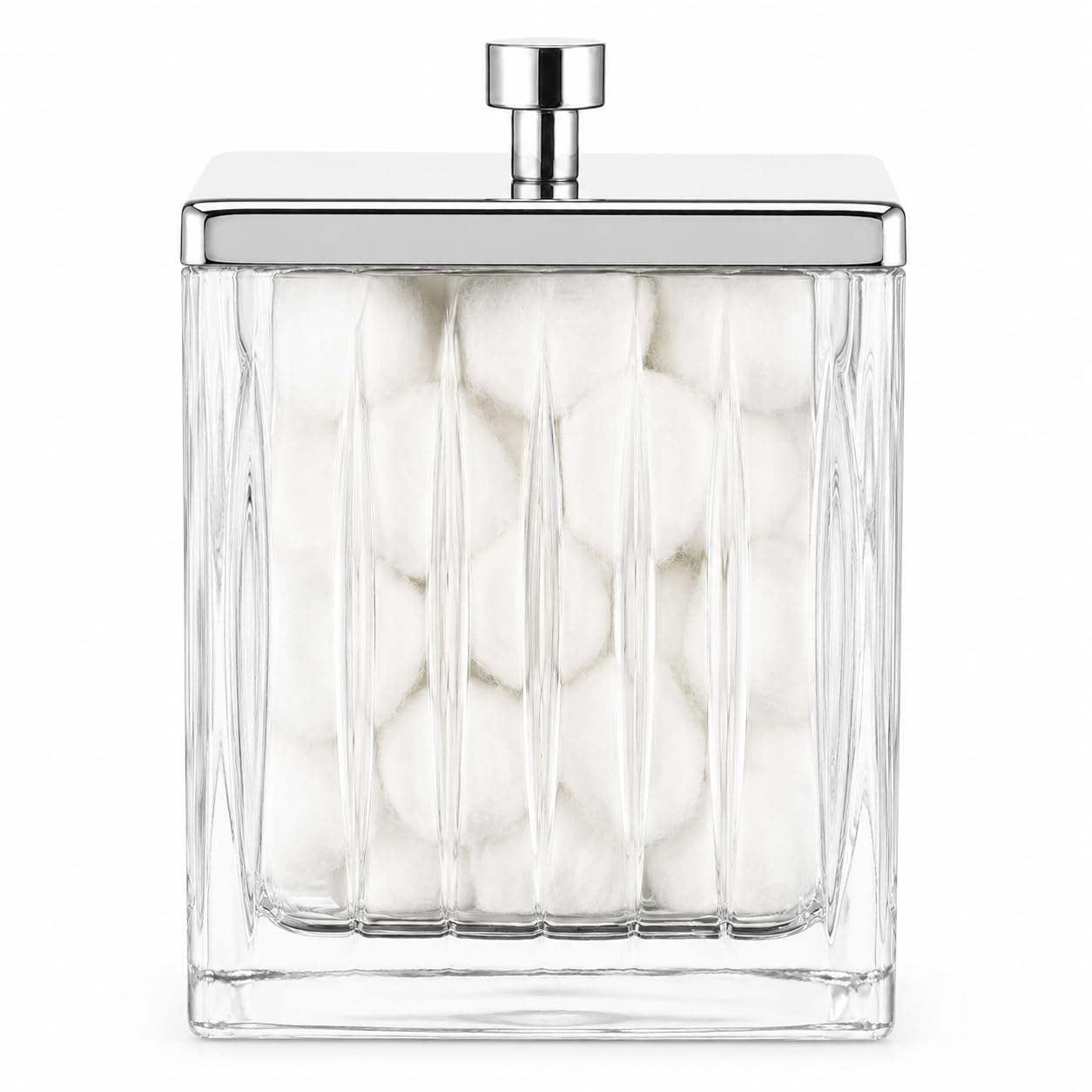 Vince Camuto Home Glass Cotton Jar Holder – Silver Lid, Elegant Bathroom Storage Canister for Qtips, Cotton Balls, Floss, Makeup Organizer, Vanity & Bathroom Organization