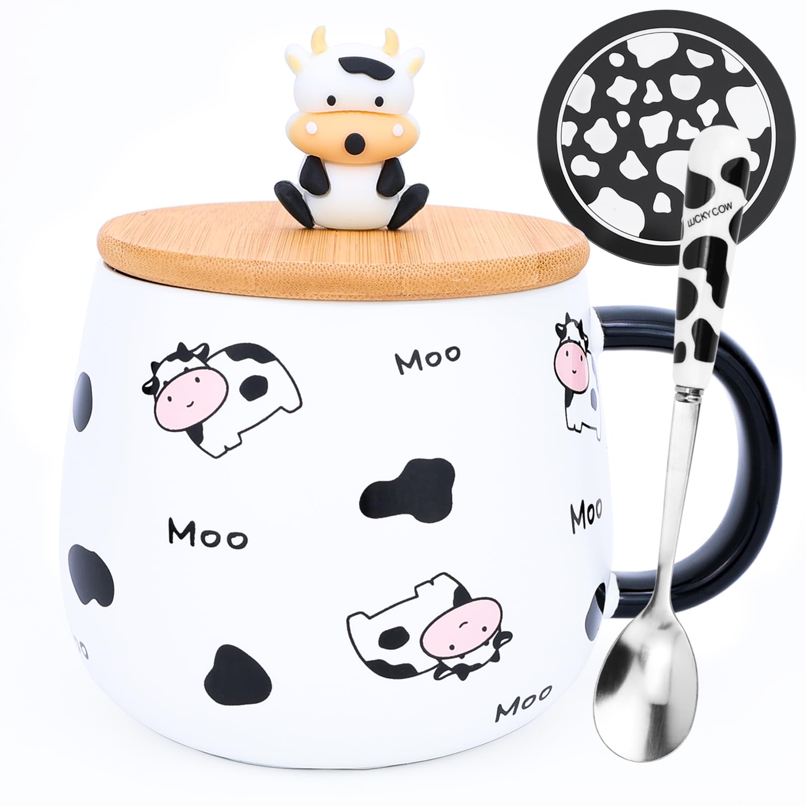 Cute Cow Coffe Mug with Lid and Spoon Cows Print Stuff Gift 400ml Ceramic Tea Coffee Cup Kawaii Cow Mugs Funny 3D Animal Cups Birthday Gifts for Women Girls Animals Lovers