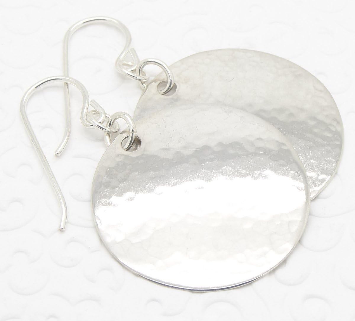 Hammered 925 Silver Disc Earrings in 1 1/4 Inch Wide Medium Large Size