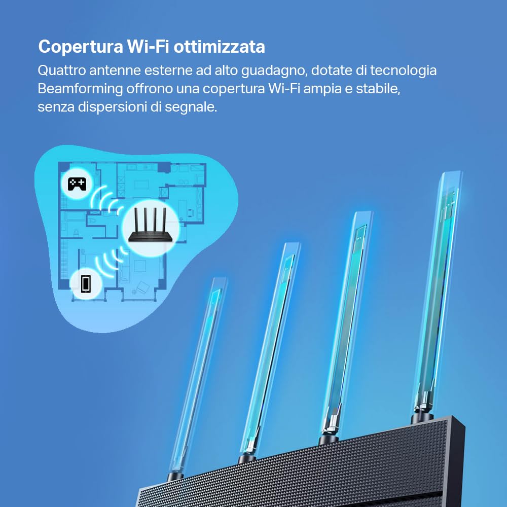 TP-Link Archer AX18 AX1500Mbps Router WiFi 6 Dual-Band, 4 Porta Gigabit, 1201Mbps su 5 GHz e 300Mbps su 2,4 GHz, 4 Antenne Ad Alto Guadagno, Parental Control, Rete Ospiti, QoS, OFDMA, EasyMesh, WPA3