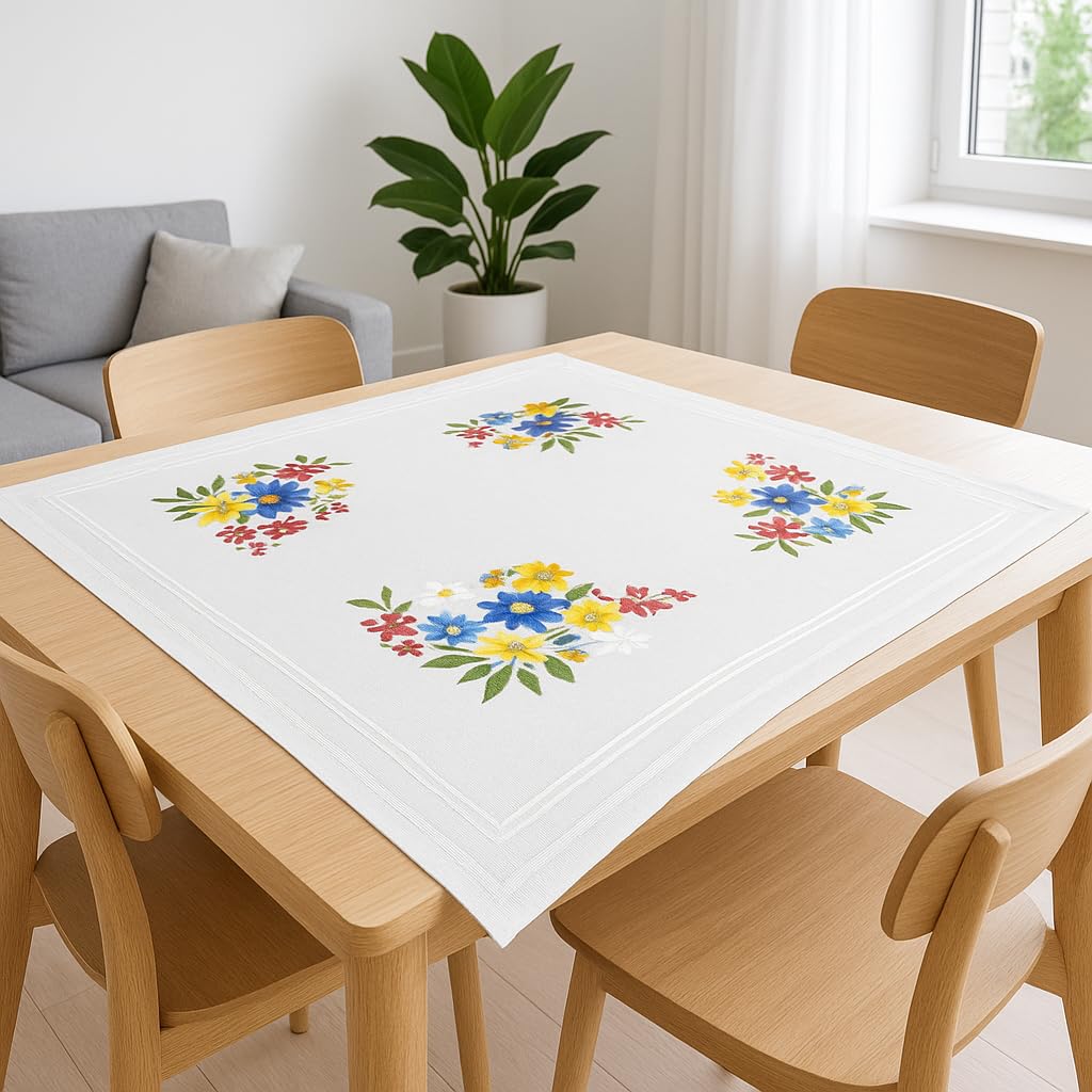 KAMACA Stickpackung Tischdecke Plattstich Stielstich Blumen vorgedruckte Stickdecke inkl. Stickgarn Stickvorlage und Anleitung Stickset zum Selbersticken für Erwachsene (Alpenblumen MD 80x80 cm)