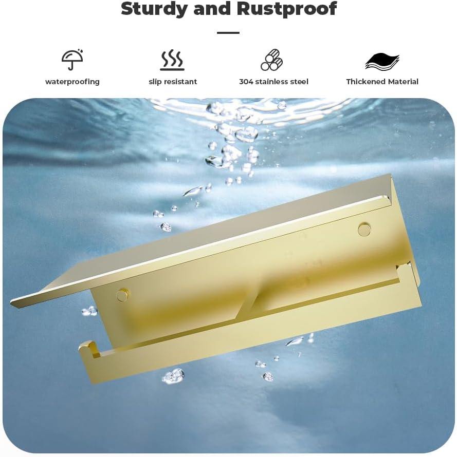 Double Toilet Paper Holder with Shelf, FreshGlow Tissue Holder Brushed Gold, Wall Mount Commercial Toilet Paper Dispenser Phone Shelf Stainless Steel, Tissue Roll for Bathroom