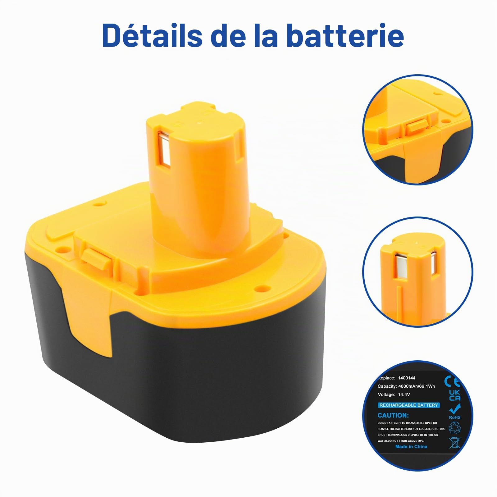 Batterie Ni-MH de rechange 14,4 V 4800 mAh pour Ryobi BPP-1415 BPP-1413 BPP-1417 BPP-1420 B-1415-S B-1442T 1311166 1400656 130224010
