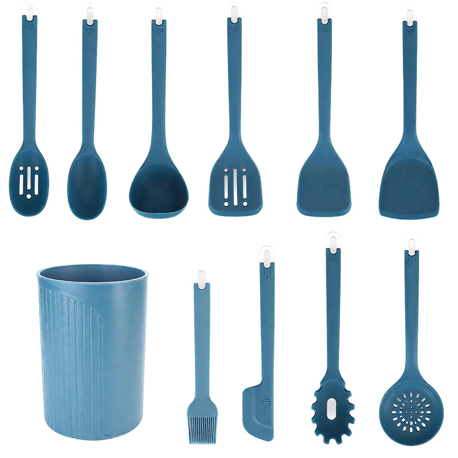 11-teiliges Silikon-Kochutensilien-Set, blau, hitzebeständig, Spatel, Löffel und Halter inklusive, Antihaft-Kochgeschirr, langer Griff