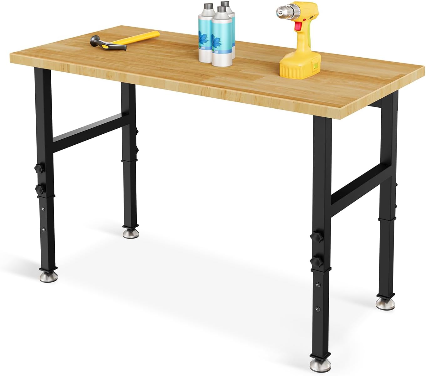 48" Adjustable Workbench, Rubber Wood Top Heavy-Duty Workstation, 1600 Lbs Capacity Load Hardwood Workstation for Garage,Office,Home