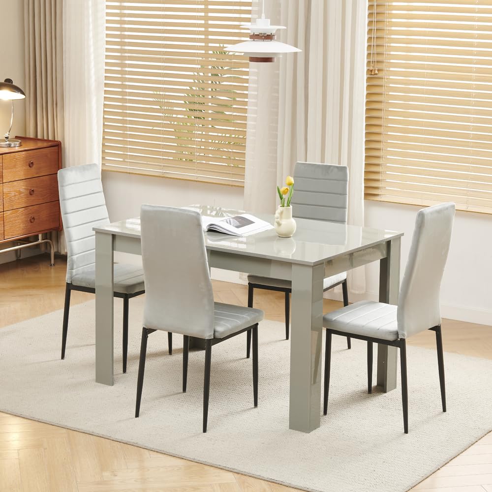Homullel 5 Piece Dining Room Table and Chairs Set for Dining Room Kitchen, Modern Wooden Dining Table with 4 Grey Velvet Chairs for Family Dinner Space Saving Dinner Set