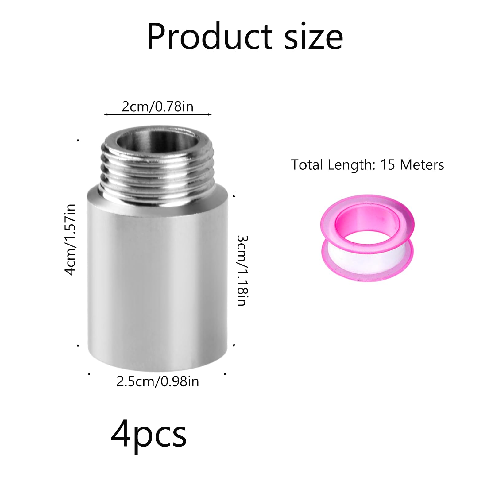 4 Pezzi Prolunga per Rubinetto da 1/2" Set 30mm Prolunga Doccia in Acciaio Inox Tubo con Nastro Sigillante Prolungas Rubinetto Acqua per Impianti di Riscaldamento e Acqua Potabile