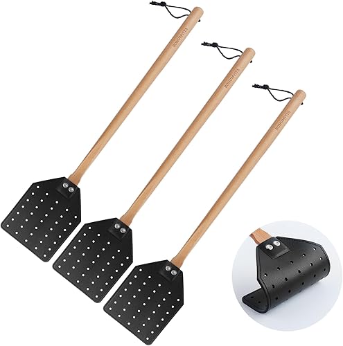 BONUMVITA Fly Swatter Heavy Duty for Indoors with Wooden Paddle - (19.7") and Hanging Rope, Durable Leather Fly Swatter That Work for Flies Bees