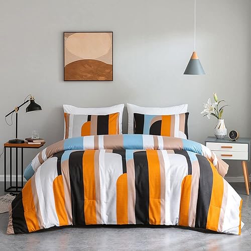 Juego de edredón de 3 piezas con 1 edredón y 2 fundas de almohada, ligero, estilo bohemio, alternativo para todas las estaciones (naranja, Queen)