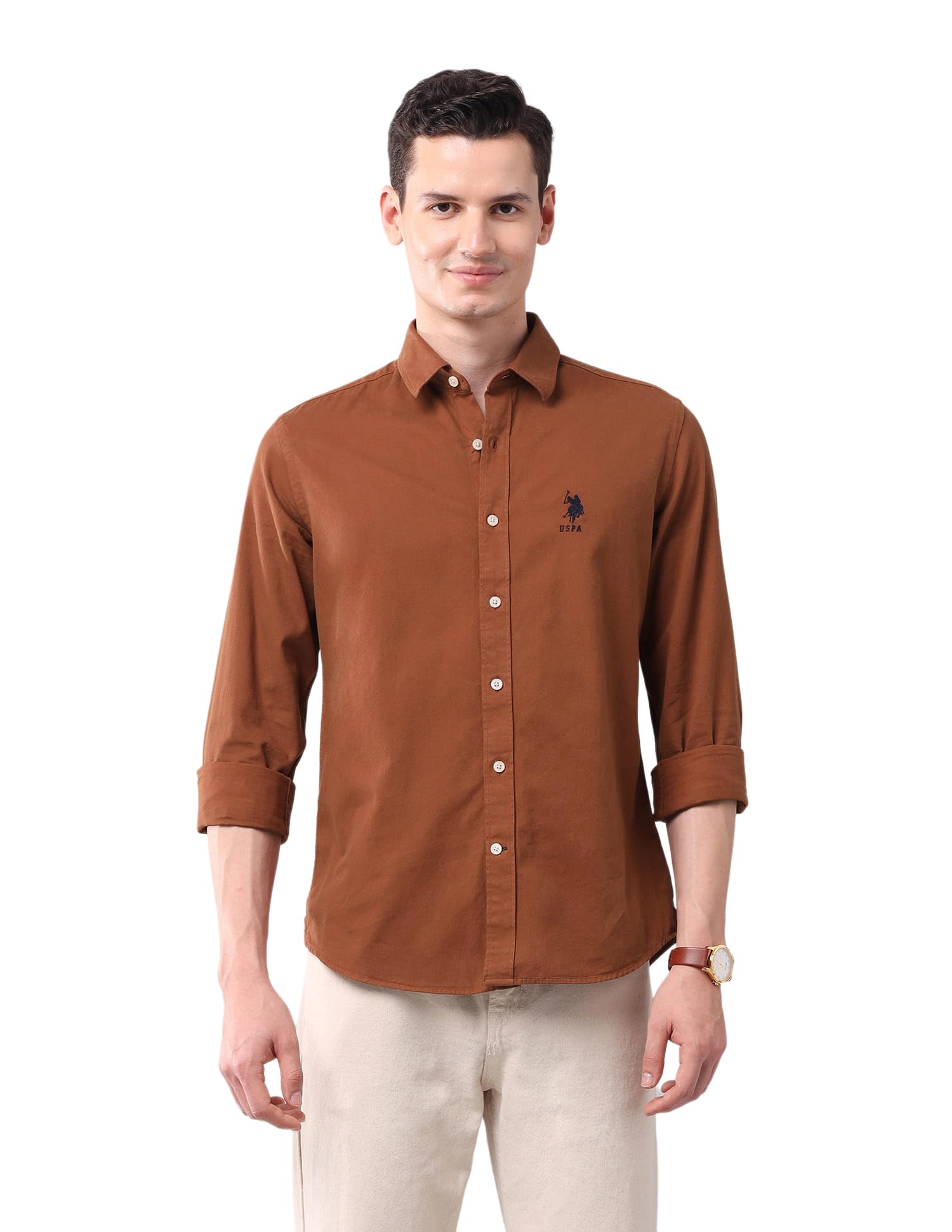 u.s. polo assn. Denim Co. Men's Beige Solid Spread Collar Full Sleeve Casual Cotton Slim Fit Shirt-picture-28