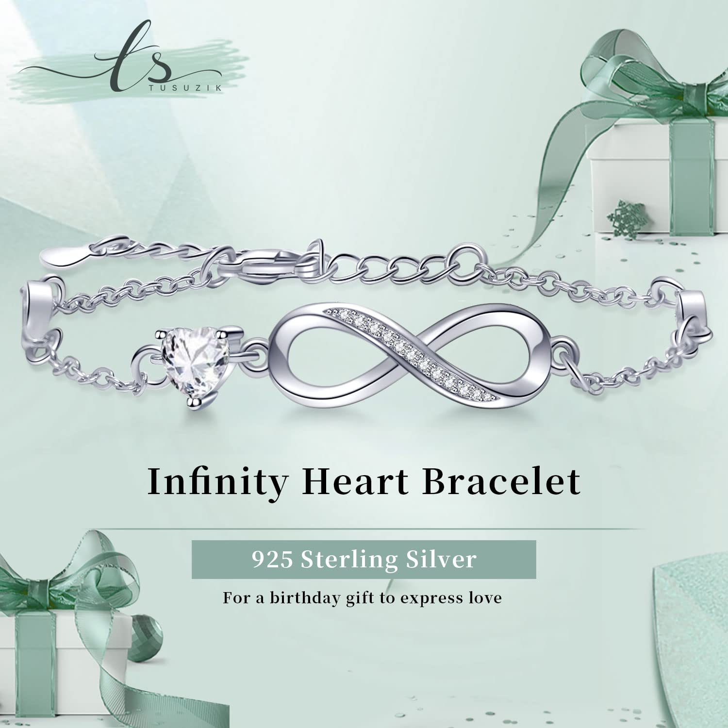 Tusuzik Bracciale Argento 925 Donna, Bracciale Infinito Donna Argento 925 con Cuore Zirconi Regolabile Bracciali Donna Gioielli Regalo per Mamma Amica Ragazza