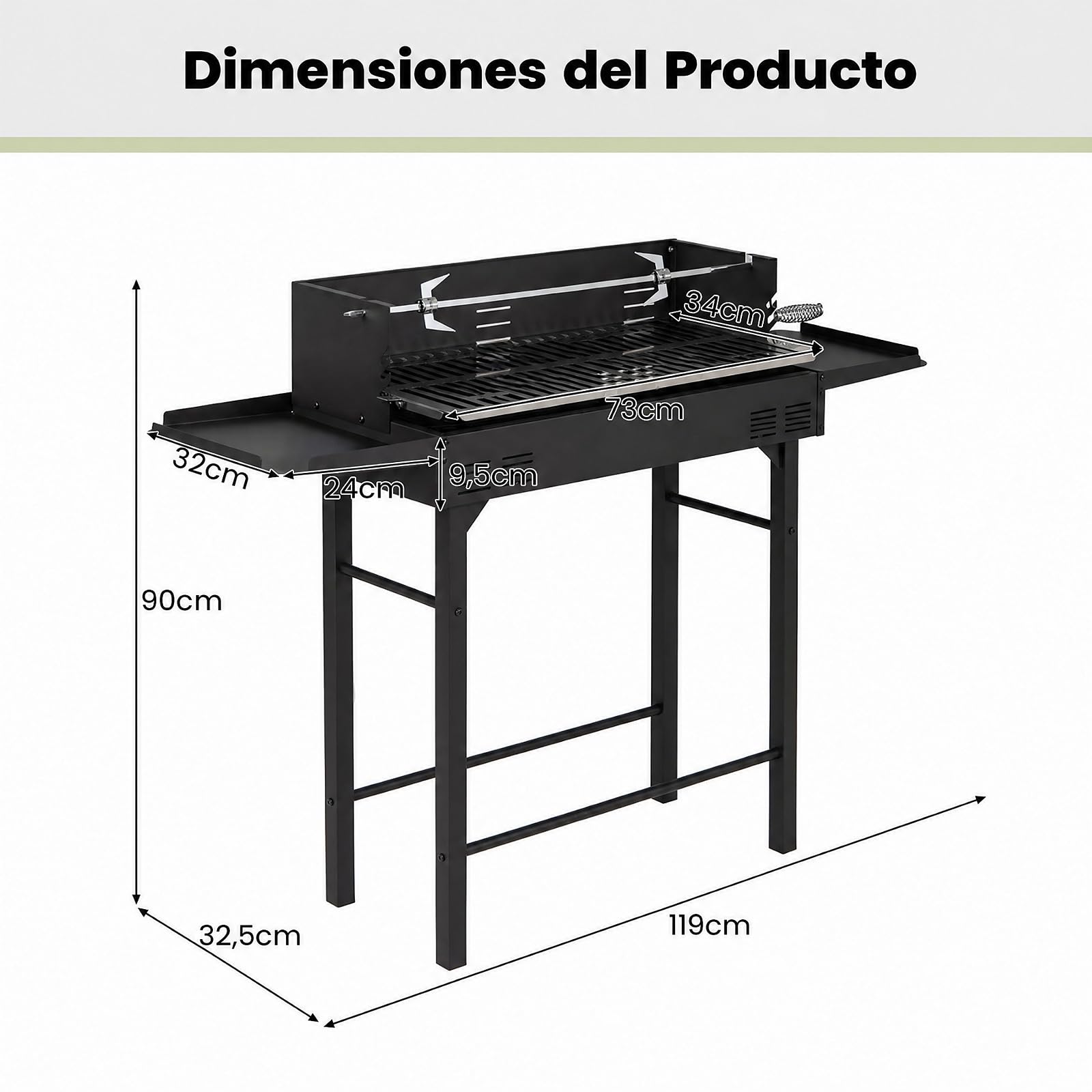 COSTWAY Barbacoa de Carbón, Rejilla de Altura Regulable, 120 x 32,5 x 90 cm | 2 Mesas Laterales, Espeto Giratorio, Protector Antiviento, Parrilla Barbacoa Rectangular para Camping, Picinic BBQ