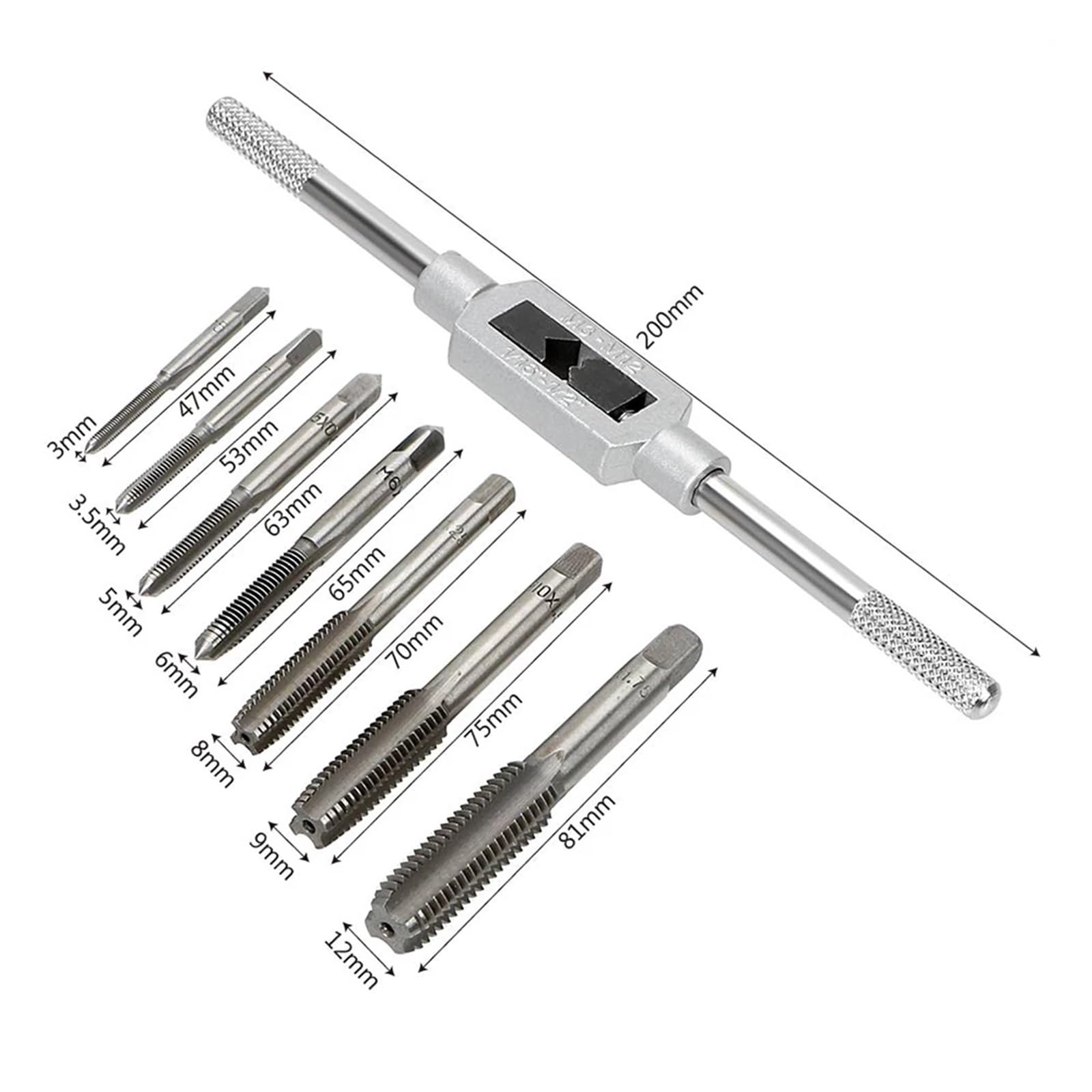 Set di utensili per maschiatura in acciaio rapido fai da te, kit di utensili manuali 8 in 1, chiave per maschiatura M3-M12, 7 maschi per filettatura metrica + 1 chiave per maschiatura regolabile