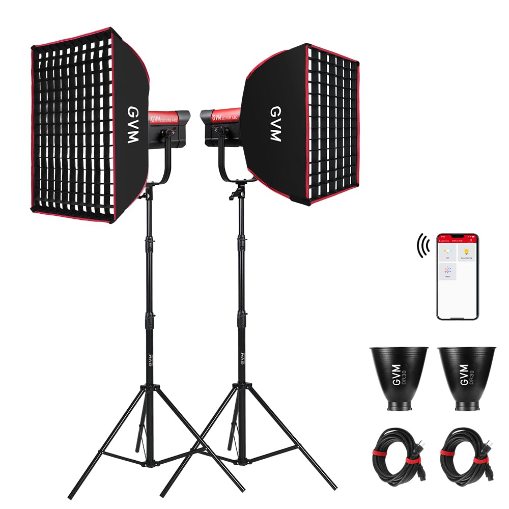 GVM SD300B AIO LED Video Light, 2 Packs 300W Bi-Color COB Photography Lighting with 2 Softboxes & 2 Tripods, 2700K-6800K CRI 97+ Continuous Studio Lights for Video Recording YouTube Live