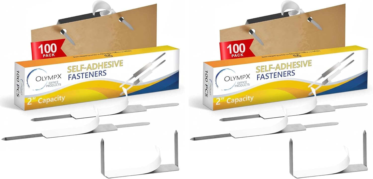 OLYMPX 100 Pcs of 2” Capacity Economy Self Adhesive Prong Paper Fastener Bases, 2.75 Inch Center for Paper File Clip Folder Accessories, 100 per Box (Pack of 2)