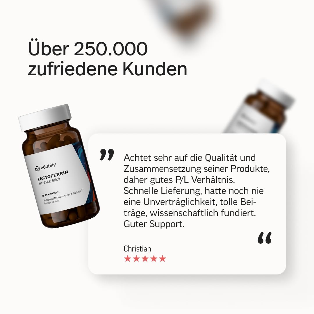 edubily® Lactoferrin - Lactoferrin Kapseln als hochwertiges eisenbindendes Protein - mit Proferrin® Markenrohstoff (>95% Lactoferrin), 300 mg pro Kapsel - 1 Kapsel täglich (75 Kapseln, laktosefrei)