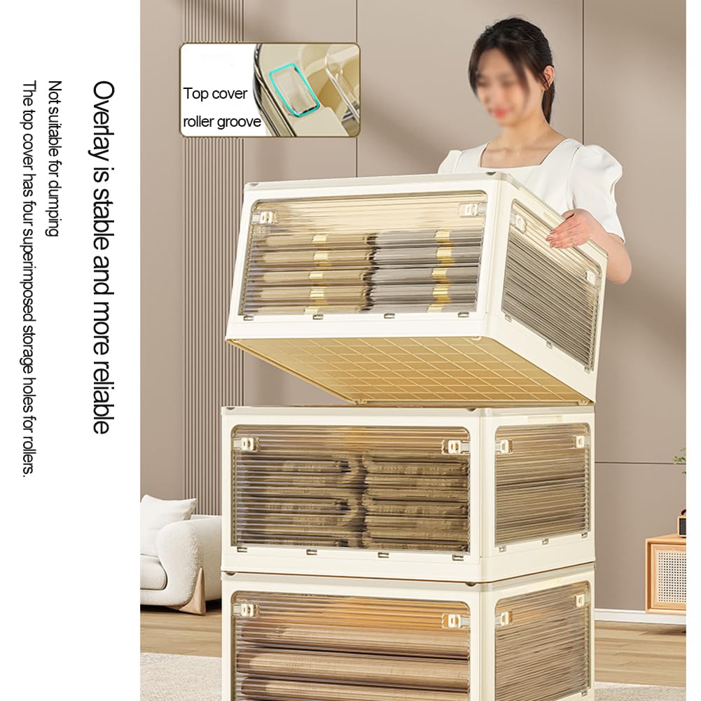 Caja de almacenamiento de plástico con tapa, caja de almacenamiento transparente plegable con cuatro puertas, contenedores apilables para almacenamiento con ruedas, organizador de armario para dormit