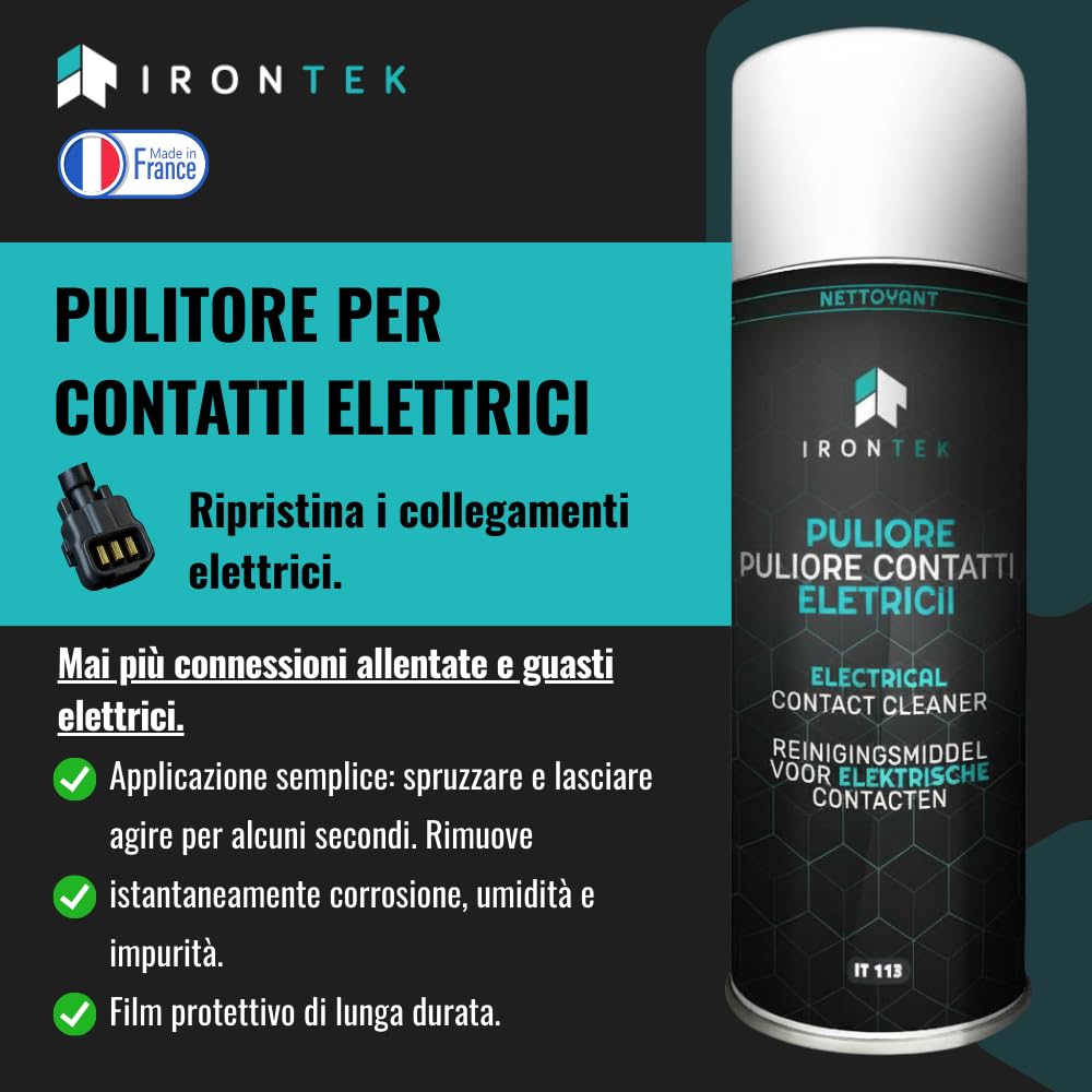 Spray Pulitore Contatti Elettrici - IRONTEK - 400ml | IT113 | Elimina Corrosione e umidità | Film Protettivo | Migliora Conduttività