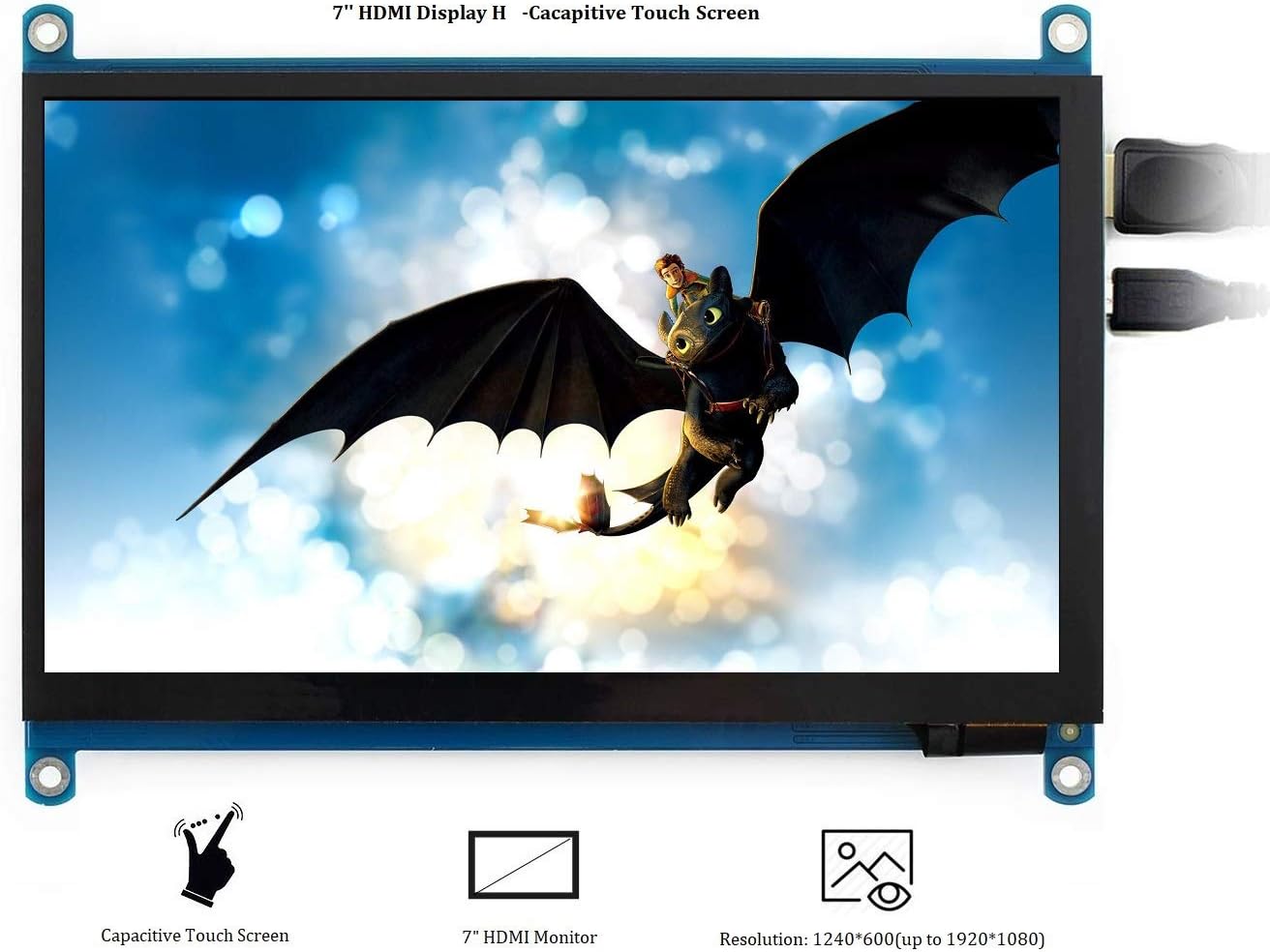 Diagram showing capacitive touch, HDMI monitor, and resolution features of the Waveshare 7-inch LCD.