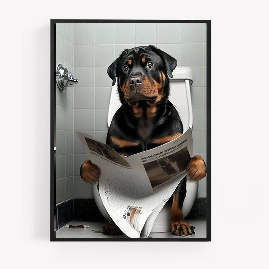 gfc Funny Bathroom Toilet animal Print Picture Poster rottweiler on a toilet reading newspaper A4 UNFRAMED wall art Home decor Decorating