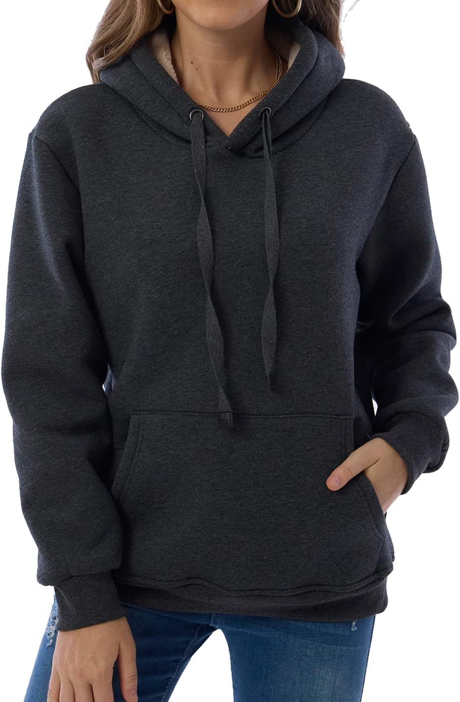 Gnveub Women's Casual Winter Warm Fleece Sherpa Lined Hooded Sweatshirt Thick Pullover Plus with Pockets - Image 3