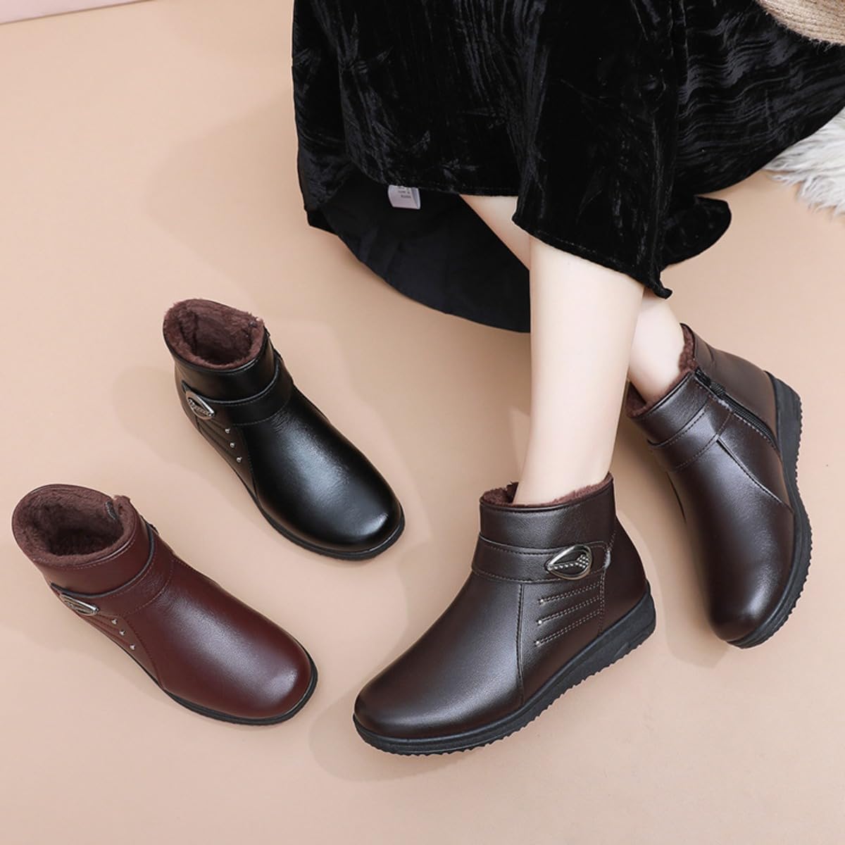 Women's Warm Soft-Sole Non-Slip Genuine Leather Boots, New Fleece Thickened Warm Snow Boots, Wide Fit Waterproof Leather Non Slip Boot,Mama Cotton Leather Shoes with Zipper