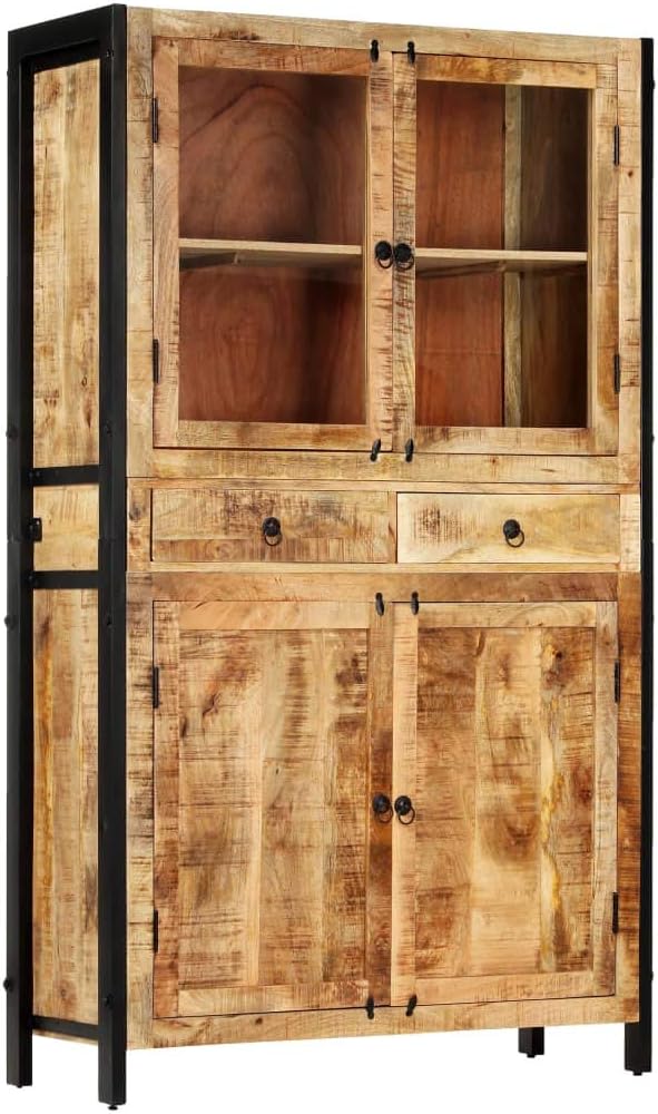 Tidyard Aparador de Madera Maciza de Mango Alacenas de Cocina con 2 Pertas de Vidrio, 2 Cajones y 2 Puertas de Madera 100x40x175 cm