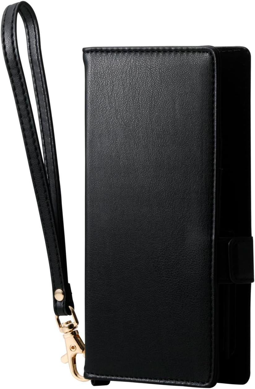 Elecom P-07PLFY4BK Smartphone Case, Universal Multi Case, Large Size, Soft Leather, Notebook Type, Magnetic Closure, Slide Type, Stand Function, 4 Card Pockets, Hand Strap Included, Black